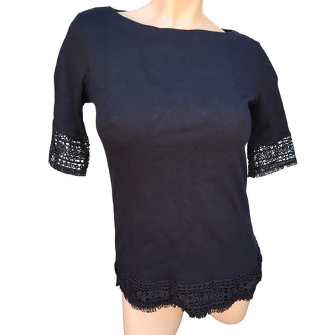 Karen Scott Cotton Lace-Trim T-Shirt Women's Size Small, Deep Black