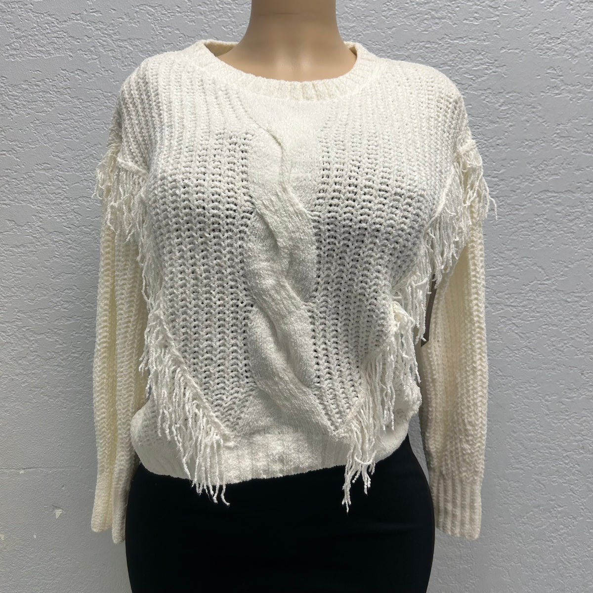 No Boundaries Large Chenille Fringe Sweater, White