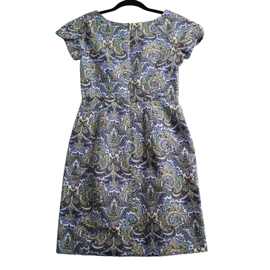 J. Crew Blue Paisley Pattern Sheath Dress Round Neck Cap Sleeves Women's Size 2
