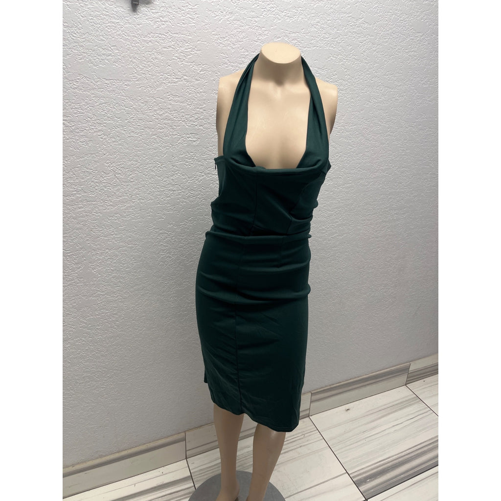#1043 Dark Teal Halter Ruched Midi Dress