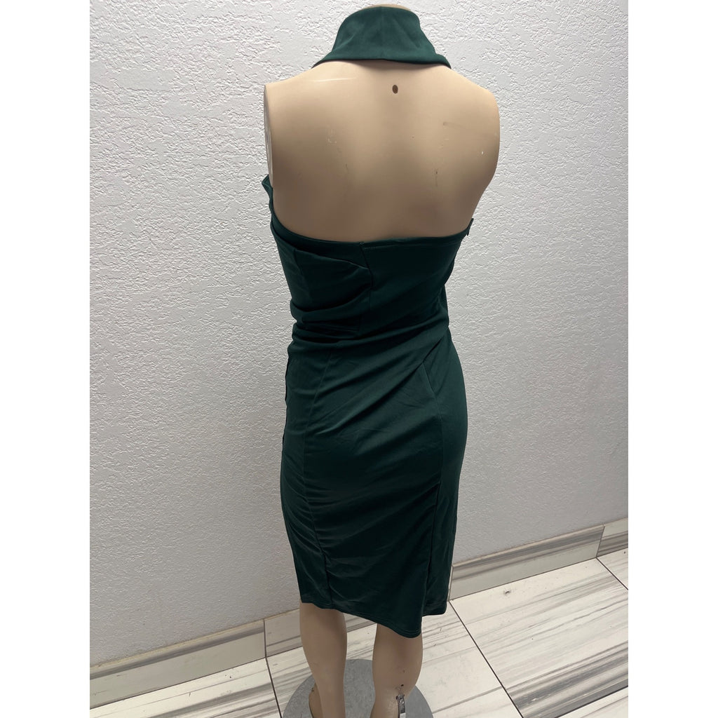 #1043 Dark Teal Halter Ruched Midi Dress