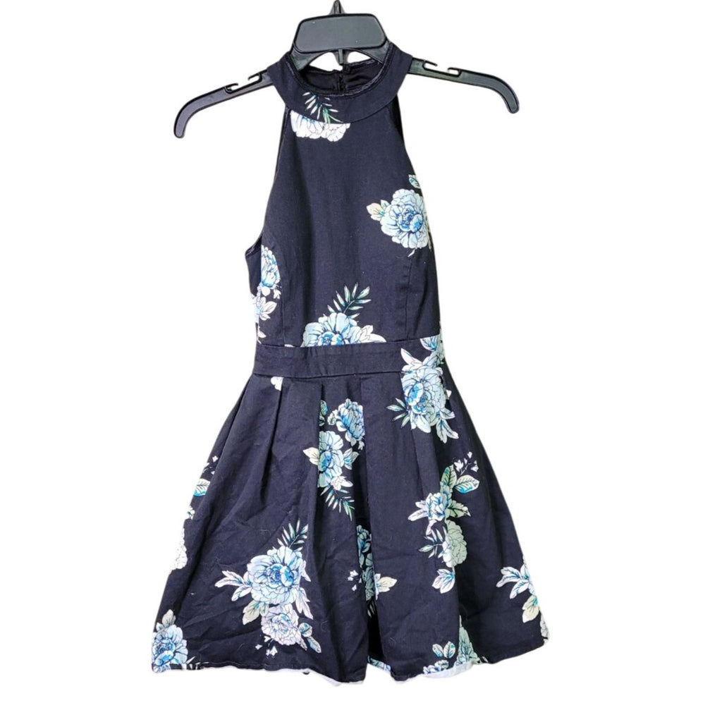 CG-7 Emerald Sundae Girls Navy Blue Floral Halter Dress With Open Back Size 5