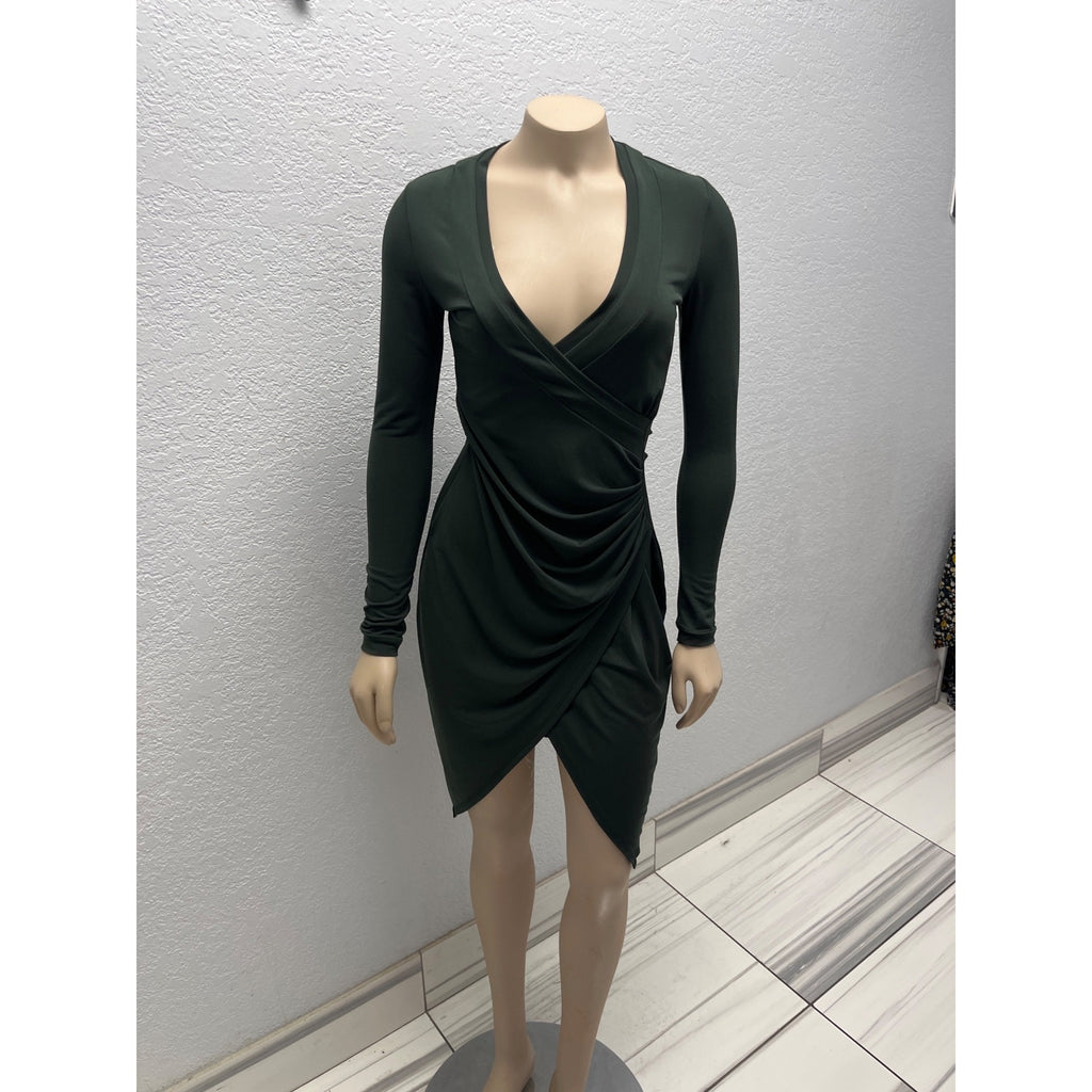 #1041 Nikita Naomi Dark Green Long Sleeve Ruched Wrap Midi Dress