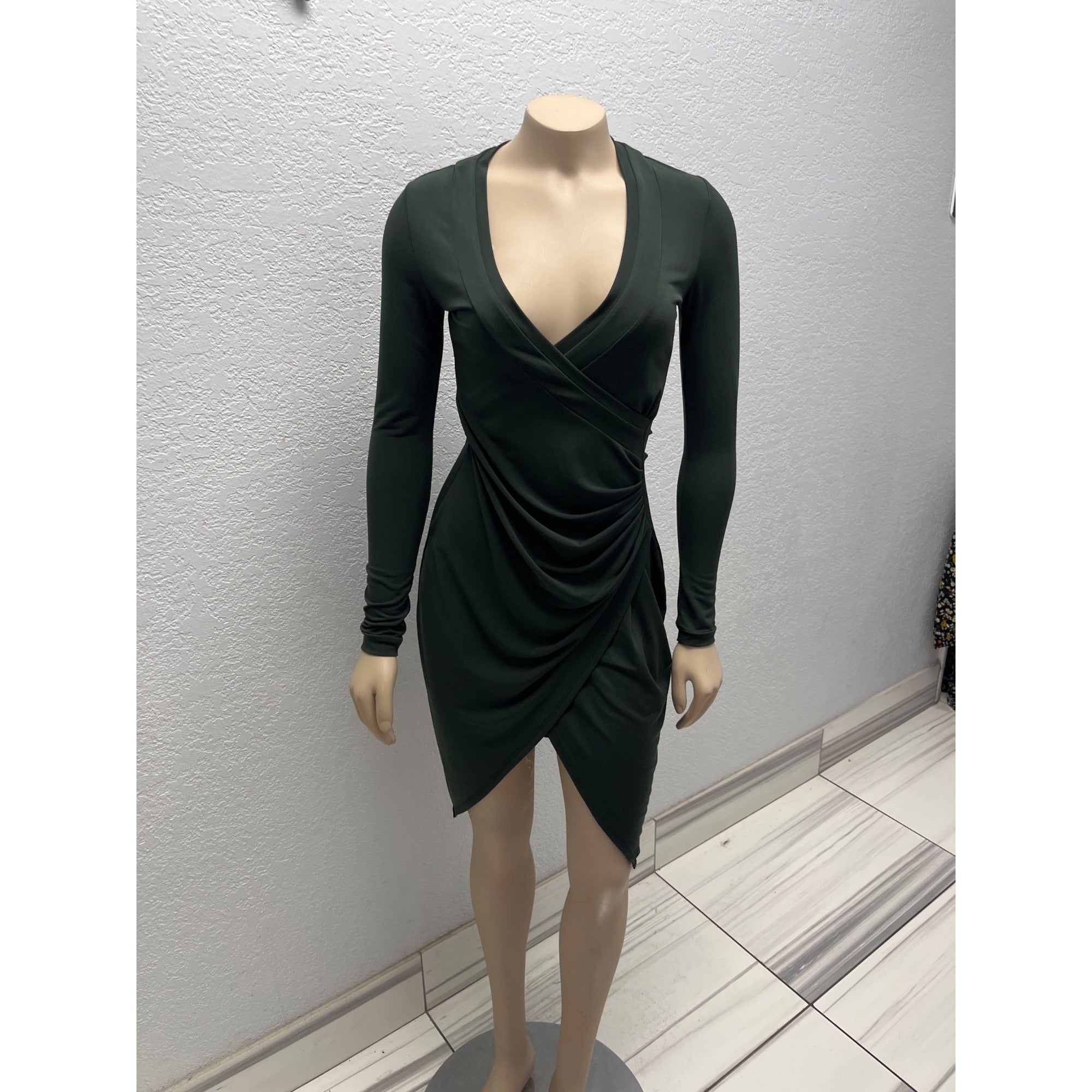 #1041 Nikita Naomi Dark Green Long Sleeve Ruched Wrap Midi Dress