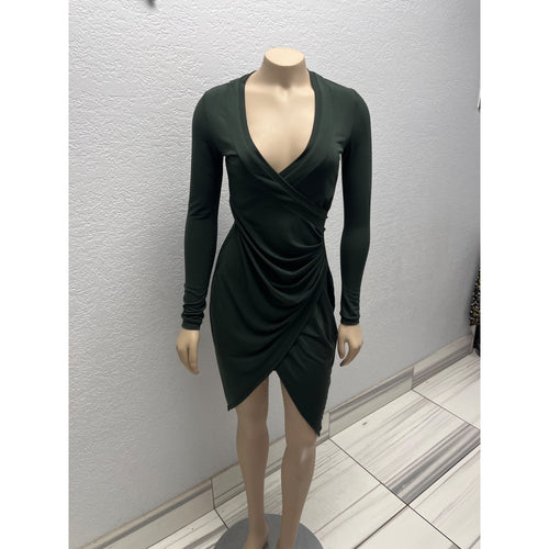 #1041 Nikita Naomi Dark Green Long Sleeve Ruched Wrap Midi Dress