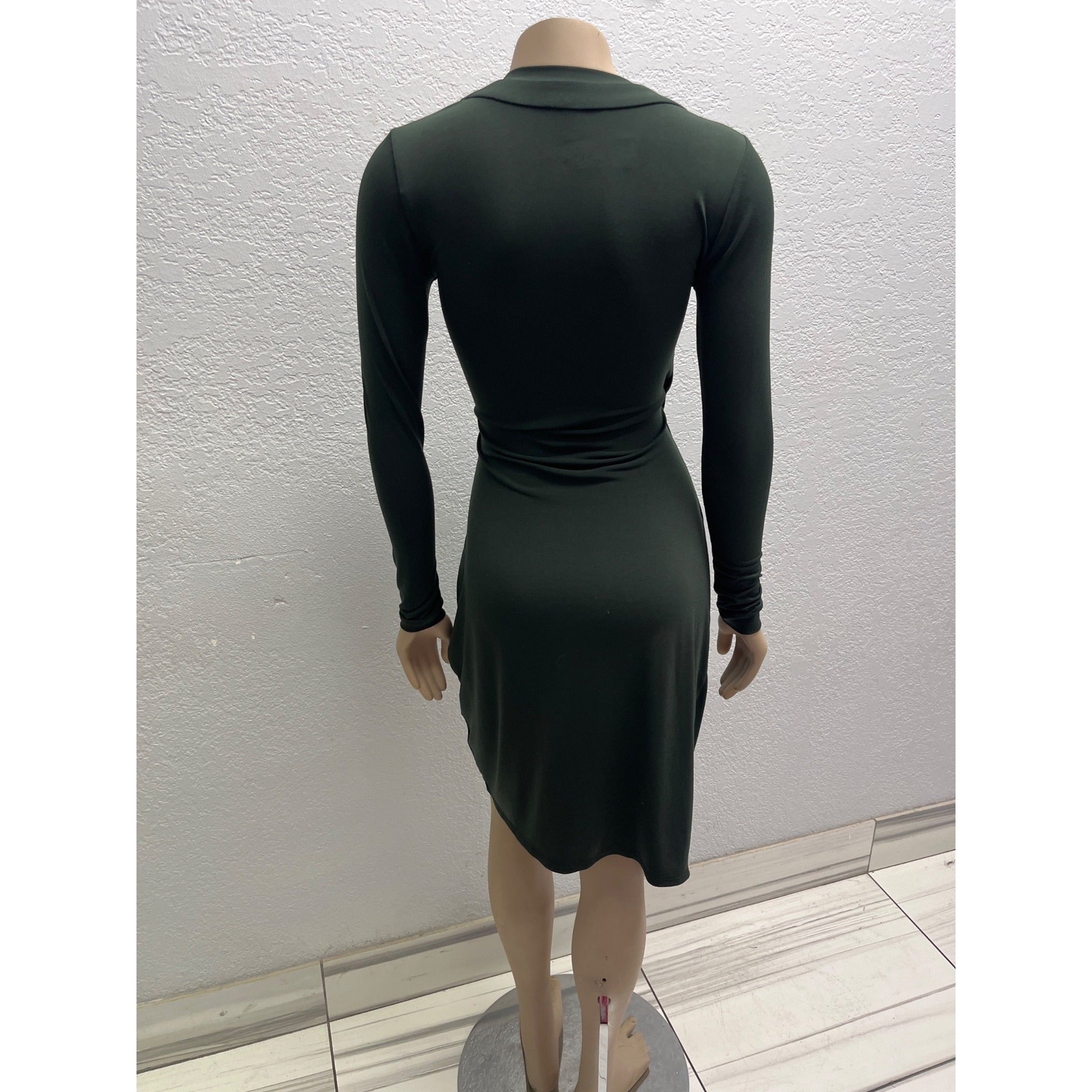 #1041 Nikita Naomi Dark Green Long Sleeve Ruched Wrap Midi Dress