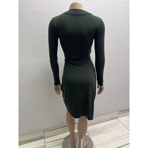 #1041 Nikita Naomi Dark Green Long Sleeve Ruched Wrap Midi Dress