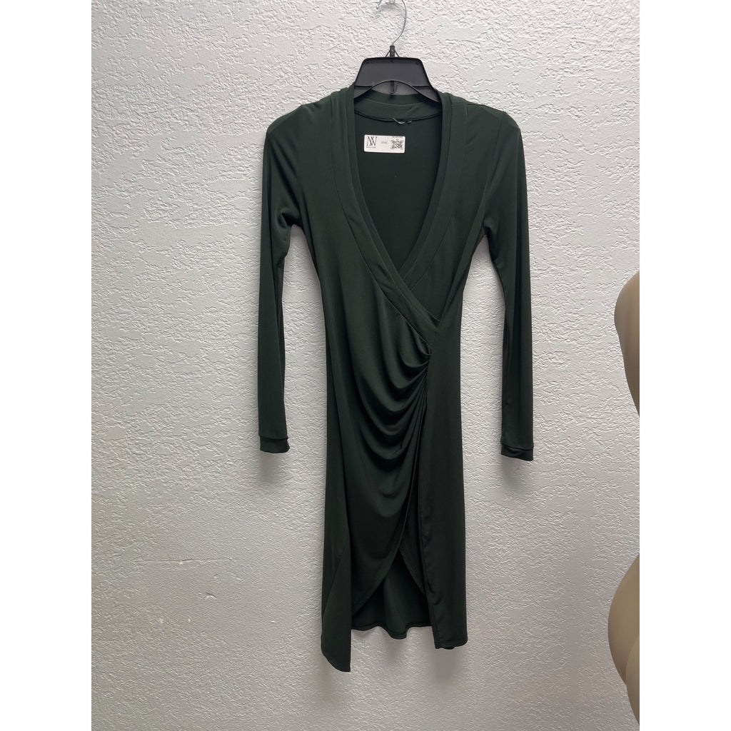 #1041 Nikita Naomi Dark Green Long Sleeve Ruched Wrap Midi Dress