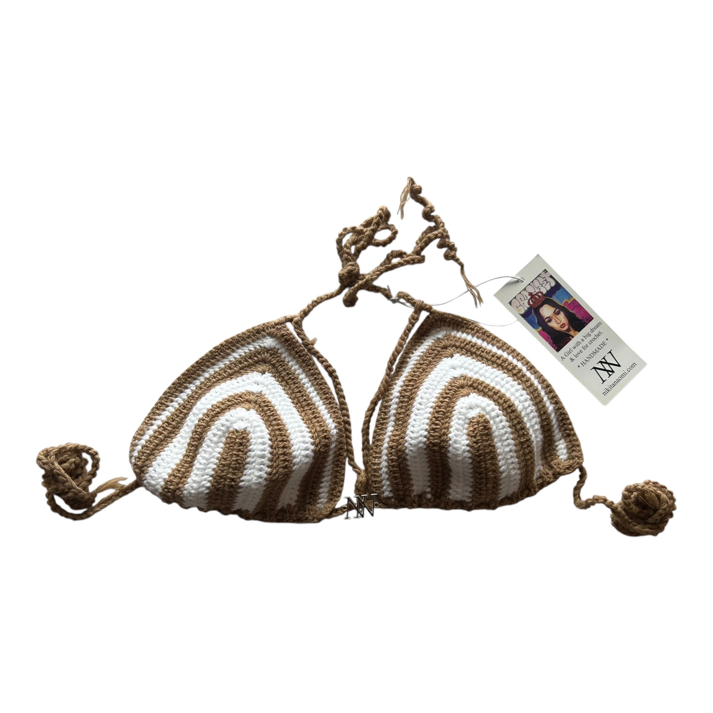 Tan and White Striped Handmade Crochet Bikini Top by Nikita Naomi