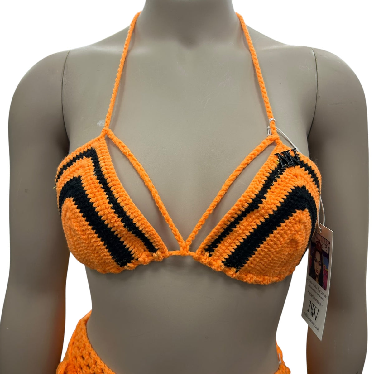 Orange and Black Striped Handmade Crochet Bikini Top by Nikita Naomi