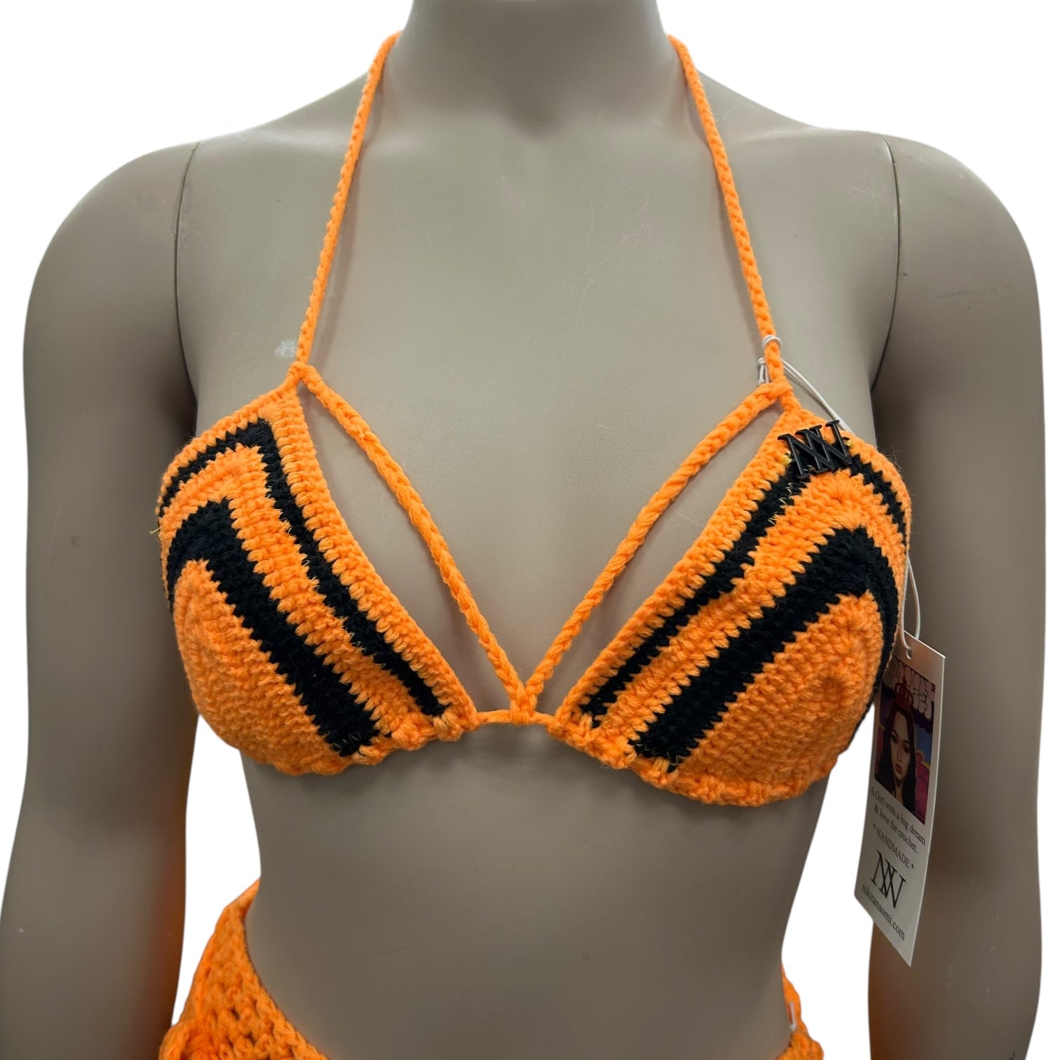 Orange and Black Striped Handmade Crochet Bikini Top by Nikita Naomi