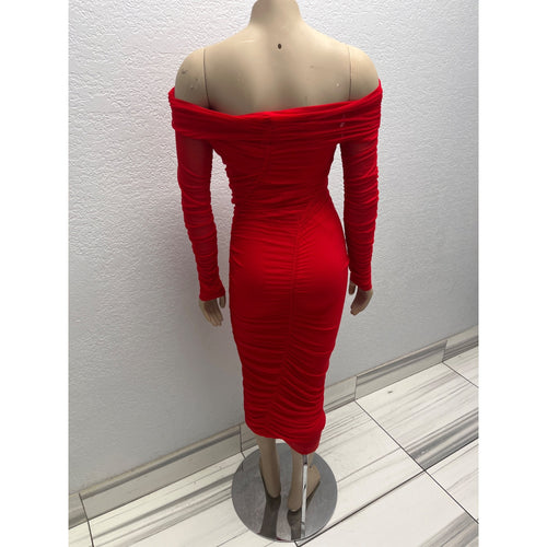 #1040 Fashion Nova XS Red Off-Shoulder Long Sleeve Ruched Bodycon Midi Dress