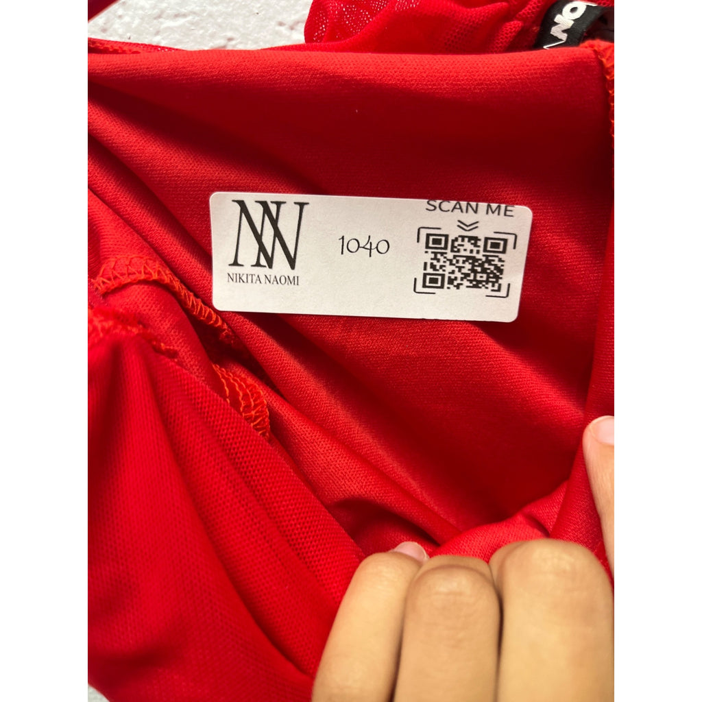 #1040 Fashion Nova XS Red Off-Shoulder Long Sleeve Ruched Bodycon Midi Dress