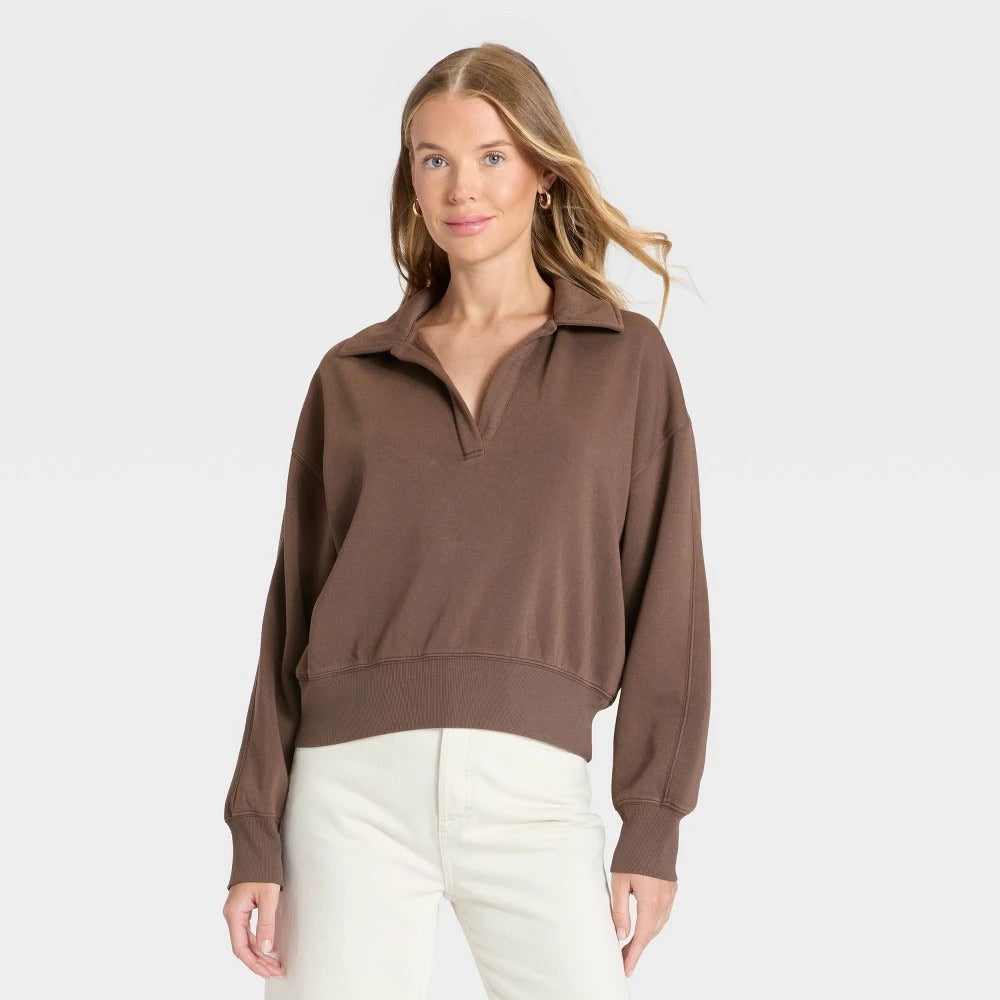 K-189 Universal Thread Fleece Long Sleeve Polo Sweatshirt Brown Women's Size Medium
