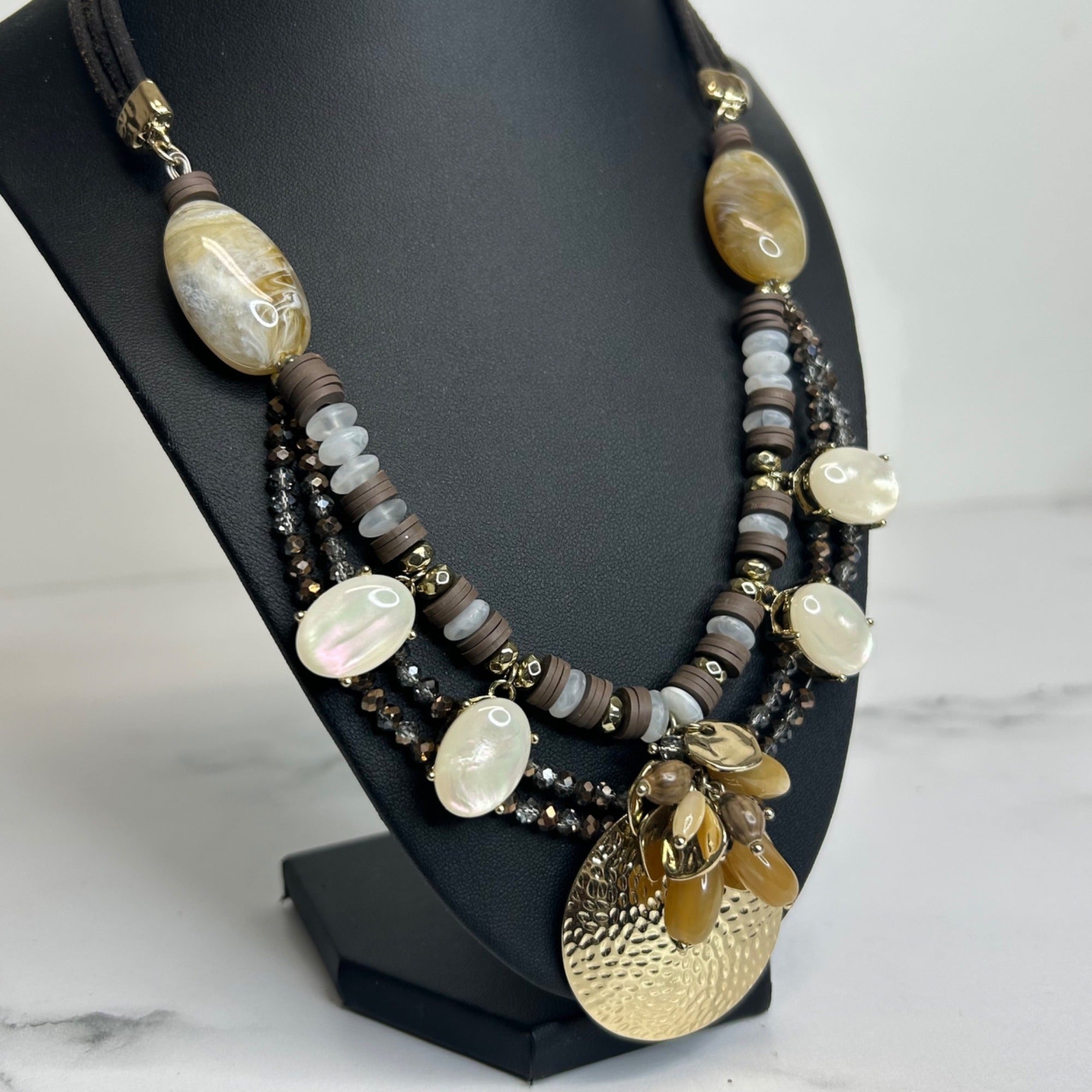 DG-57 Chico’s Chunky Multi-Strand Gemstone & Shell Pendant Necklace