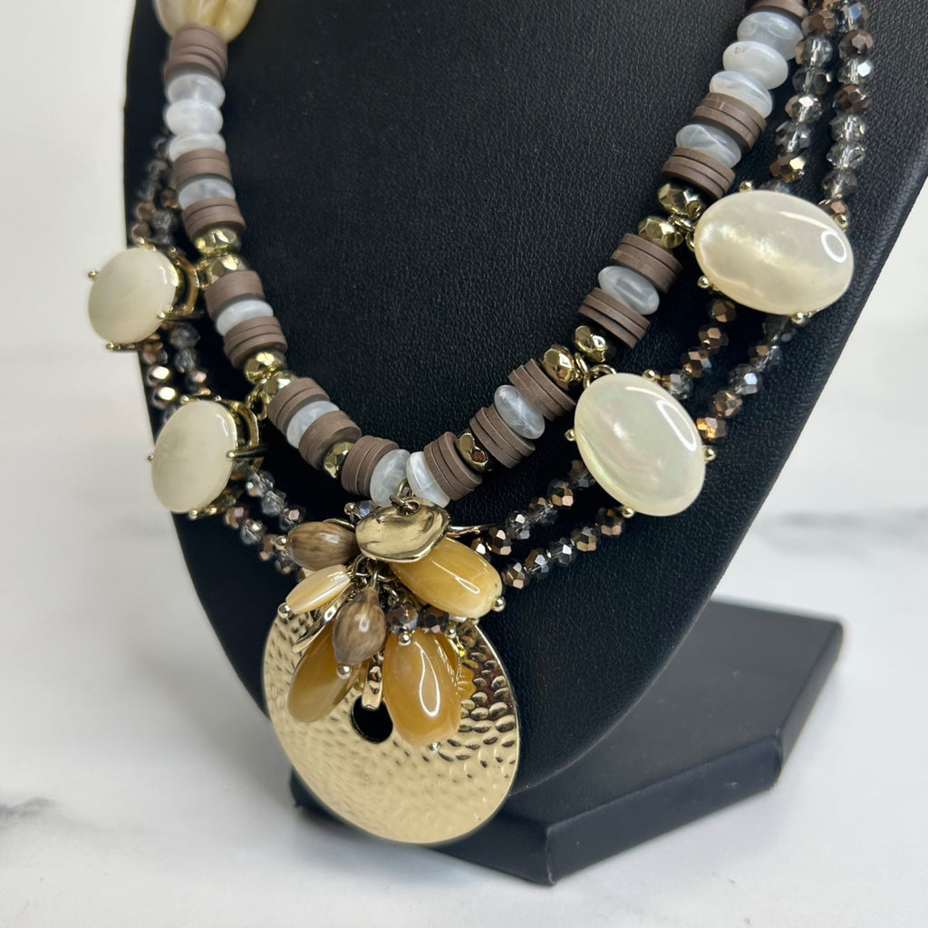 DG-57 Chico’s Chunky Multi-Strand Gemstone & Shell Pendant Necklace
