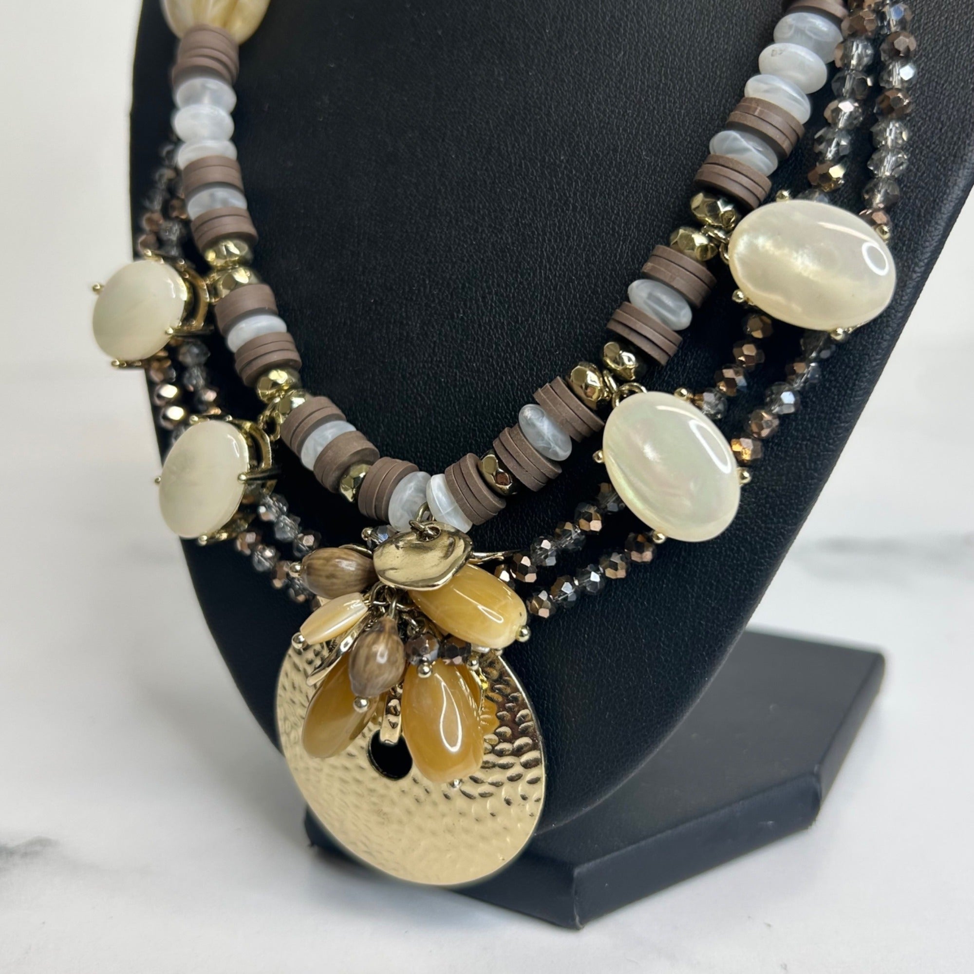 DG-57 Chico’s Chunky Multi-Strand Gemstone & Shell Pendant Necklace