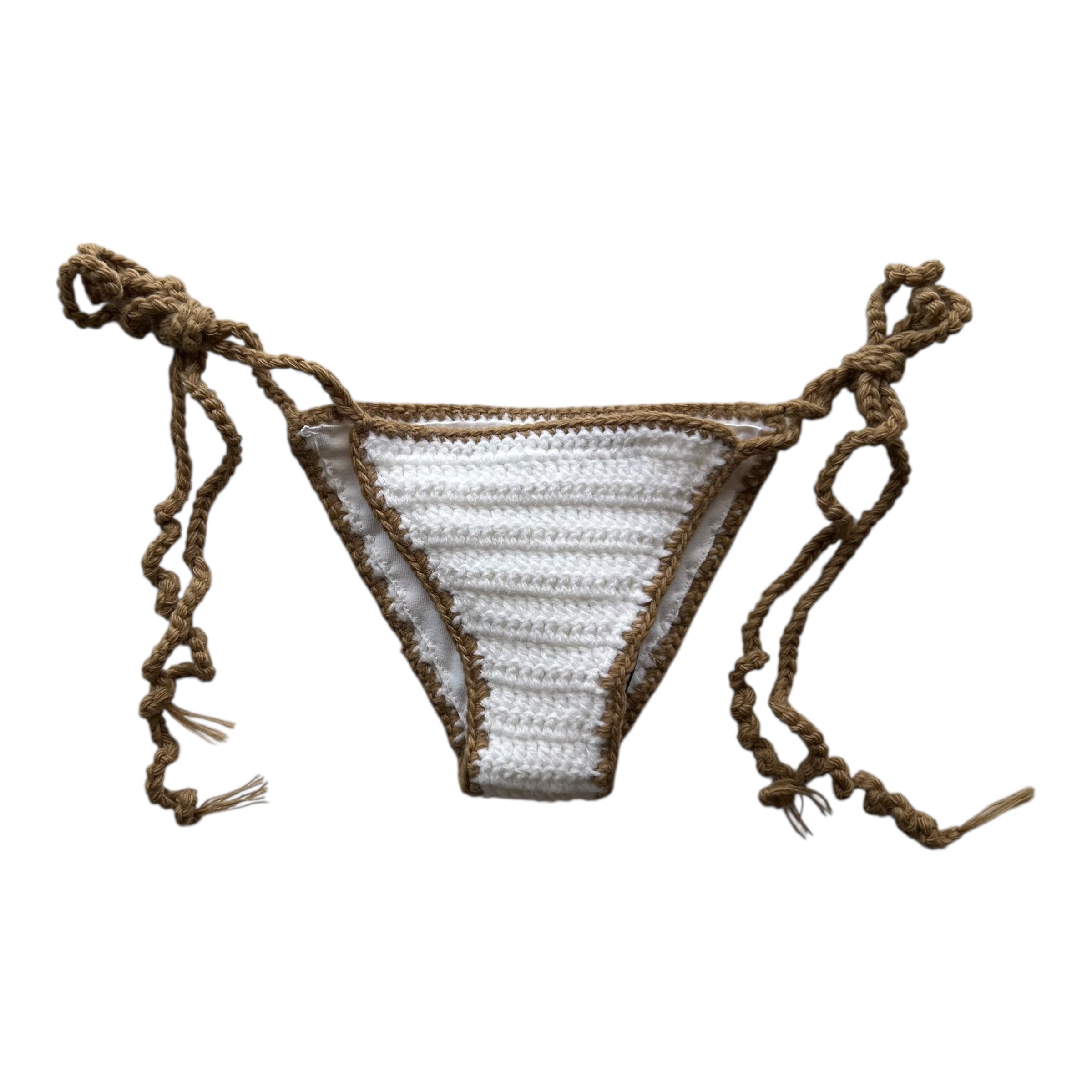 White with Beige Border Mini Crochet Bikini Bottom by Nikita Naomi