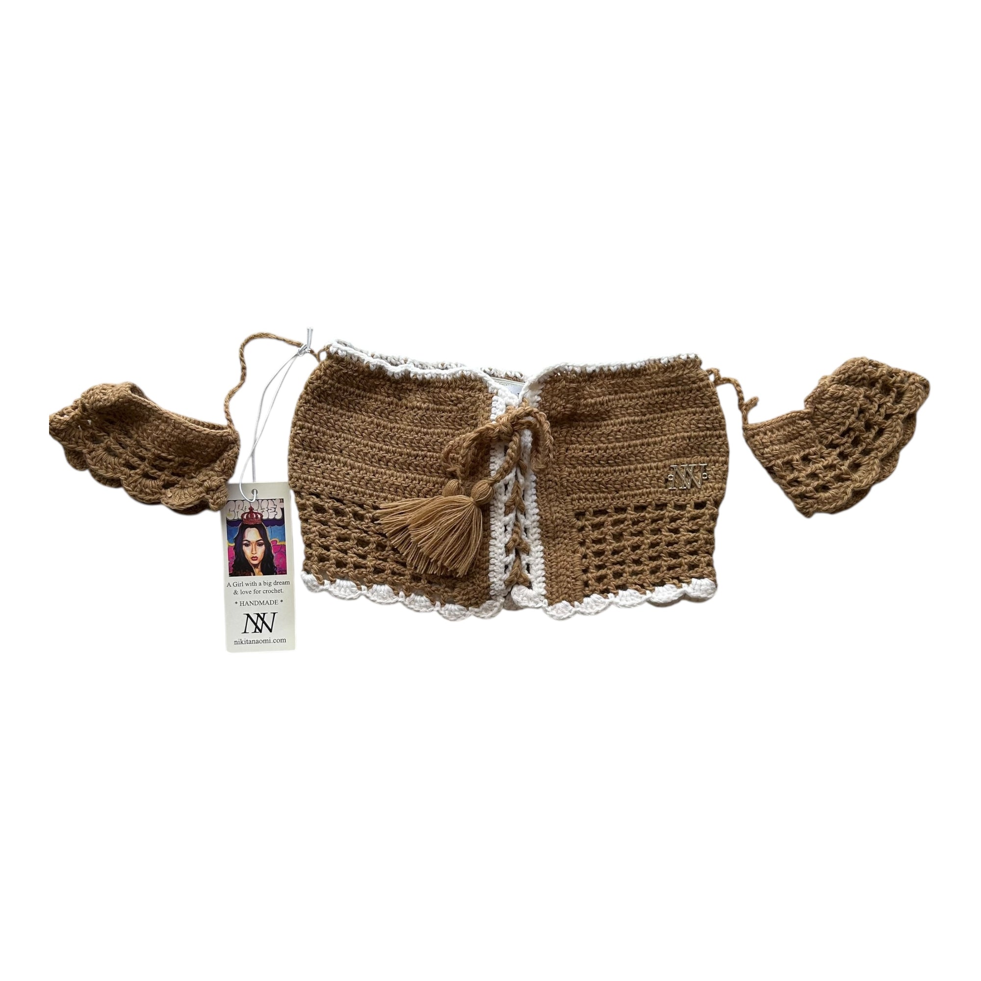 Tan with White Border Off the Shoulder Crochet Crop Top by Nikita Naomi