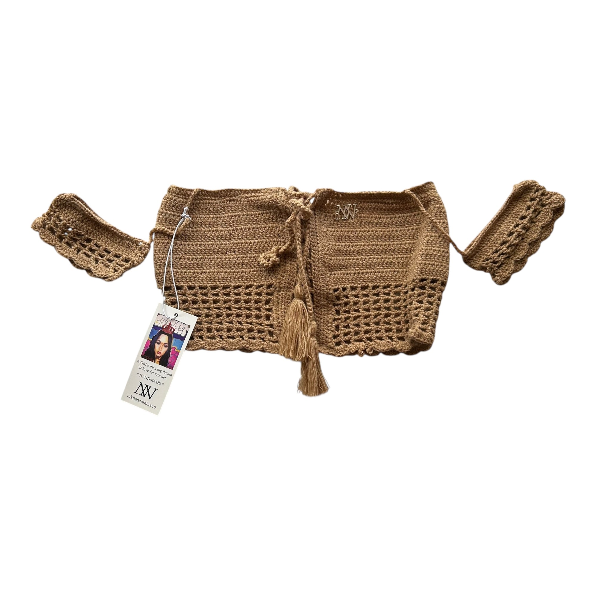 Tan Off the Shoulder Crochet Crop Top by Nikita Naomi