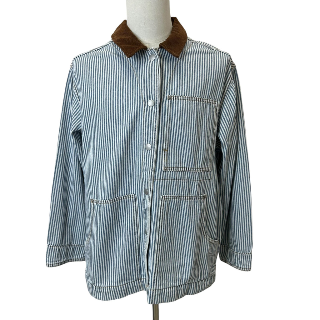 K-119 Universal Thread Men's Blue Striped Button-Up Jacket Brown Corduroy Collar Size XL