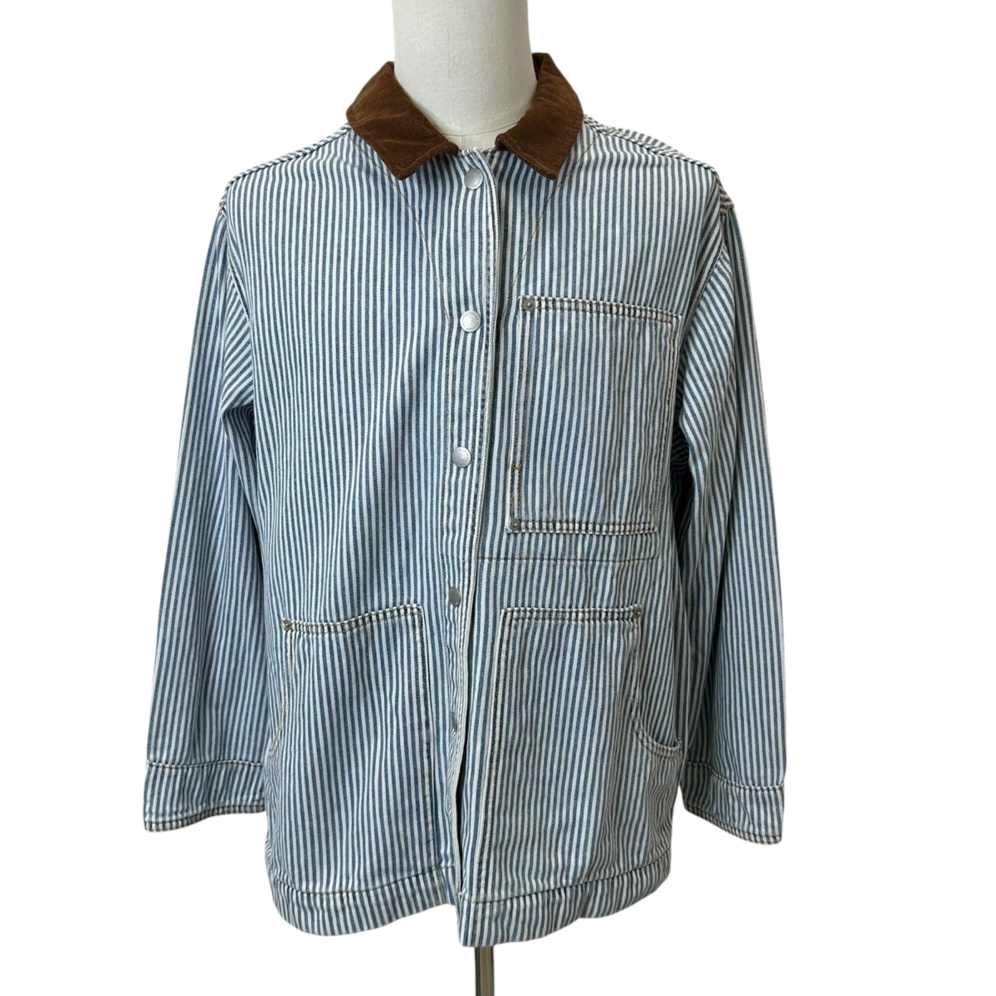 K-119 Universal Thread Men's Blue Striped Button-Up Jacket Brown Corduroy Collar Size XL
