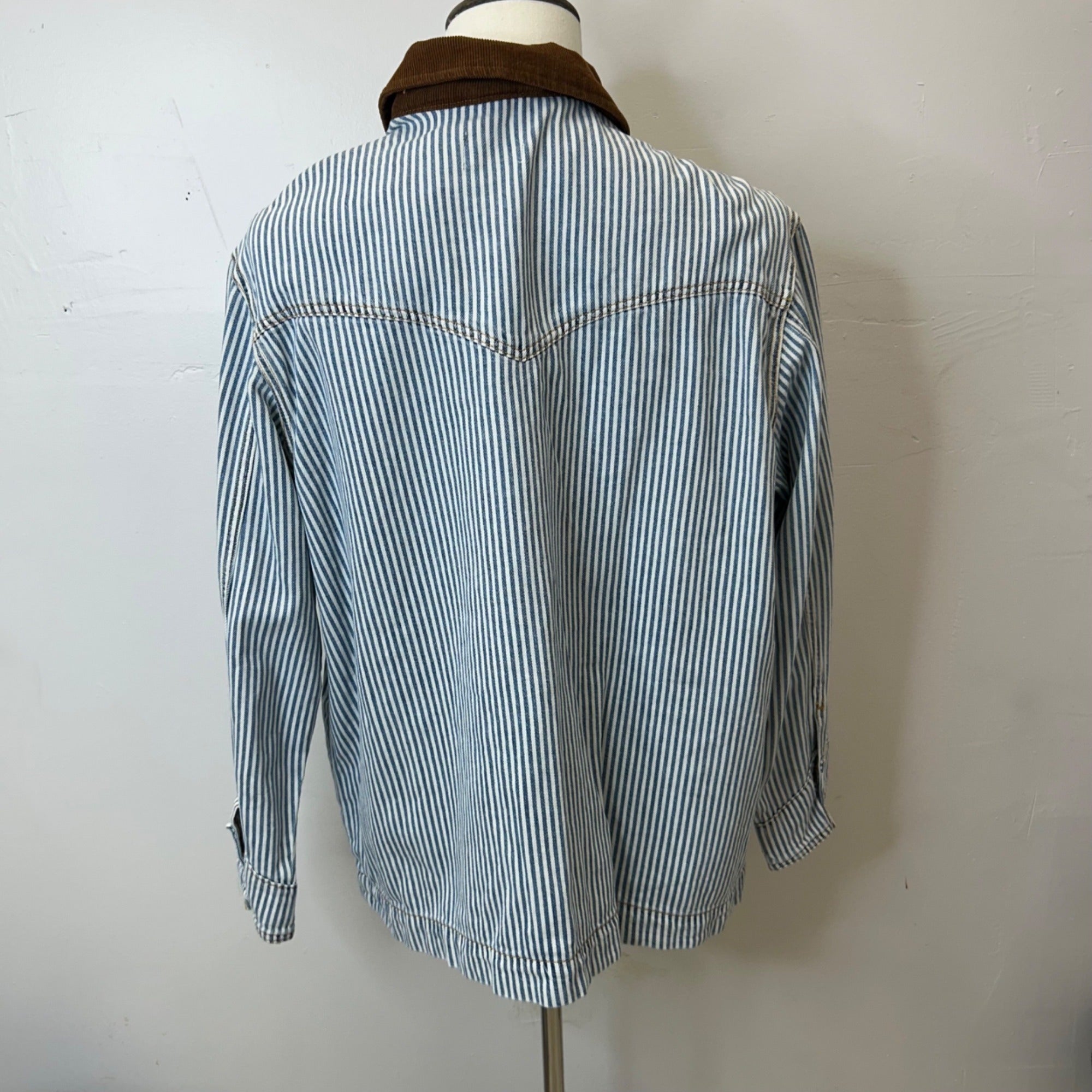 K-119 Universal Thread Men's Blue Striped Button-Up Jacket Brown Corduroy Collar Size XL