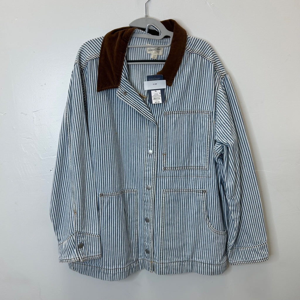 K-119 Universal Thread Men's Blue Striped Button-Up Jacket Brown Corduroy Collar Size XL