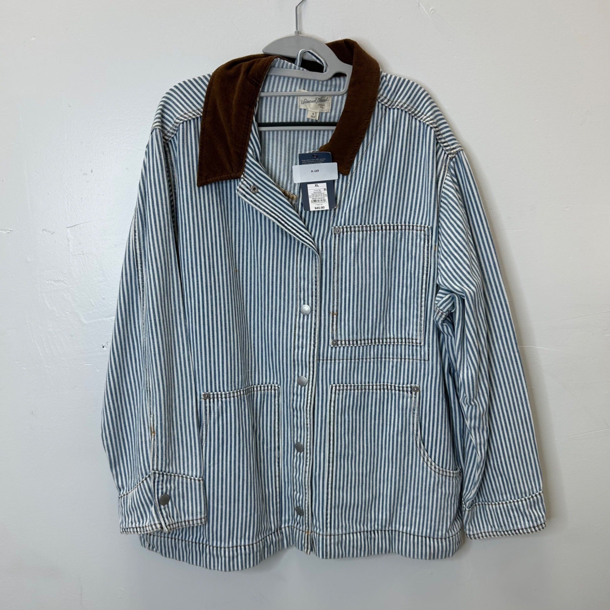 K-119 Universal Thread Men's Blue Striped Button-Up Jacket Brown Corduroy Collar Size XL