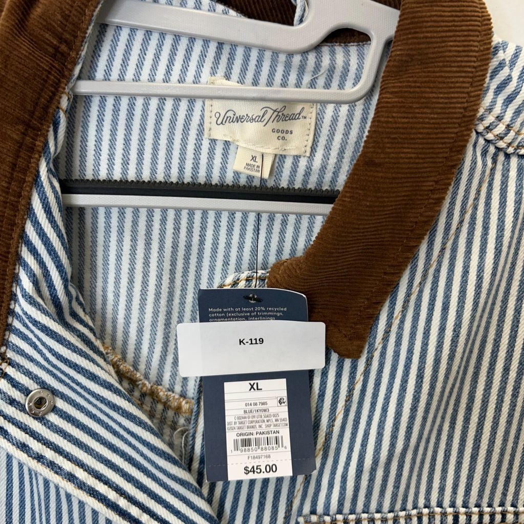 K-119 Universal Thread Men's Blue Striped Button-Up Jacket Brown Corduroy Collar Size XL
