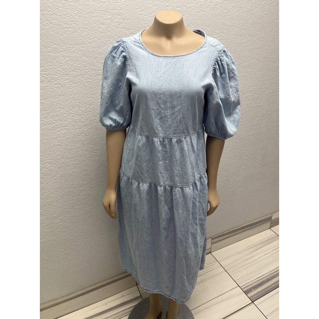 #1096 Light Blue Old Navy Tiered Puff Sleeve Midi Dress S