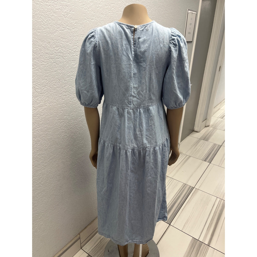 #1096 Light Blue Old Navy Tiered Puff Sleeve Midi Dress S
