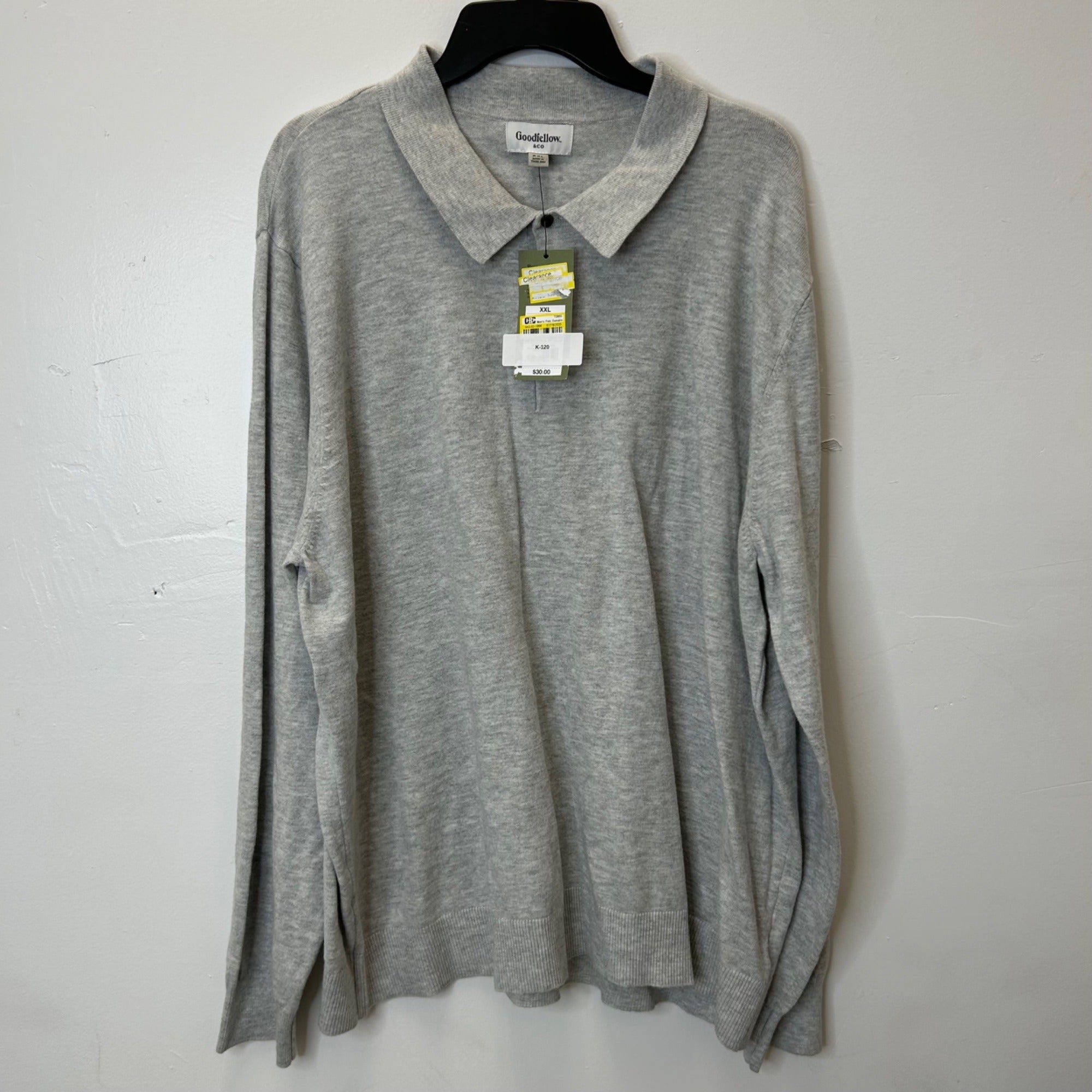 K-120 Goodfellow & Co Men's Gray Long Sleeve Polo Sweater Ribbed Hem Size XXL