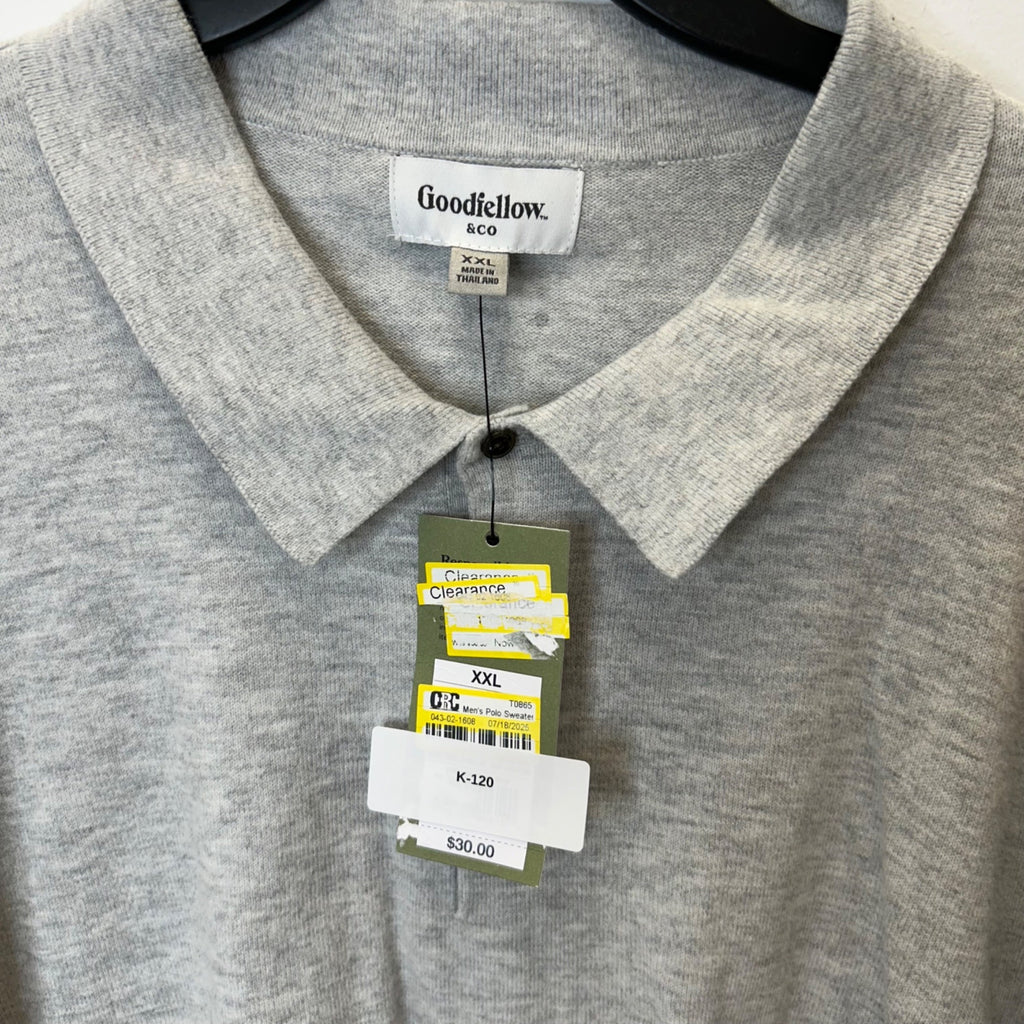 K-120 Goodfellow & Co Men's Gray Long Sleeve Polo Sweater Ribbed Hem Size XXL
