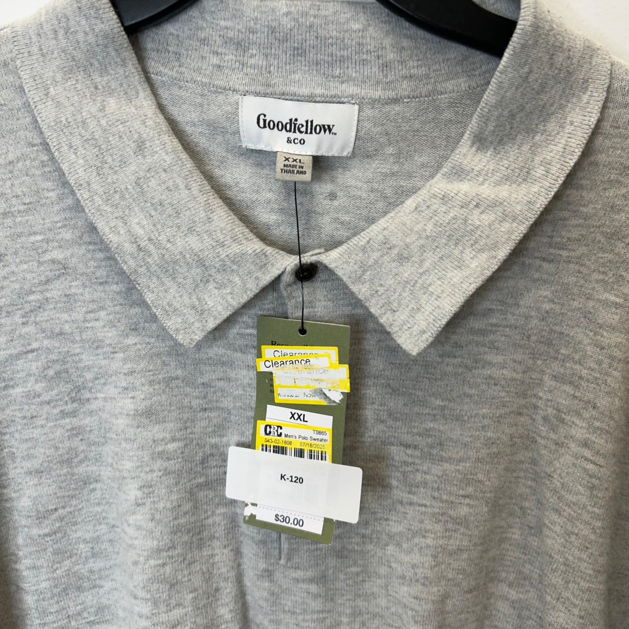 K-120 Goodfellow & Co Men's Gray Long Sleeve Polo Sweater Ribbed Hem Size XXL
