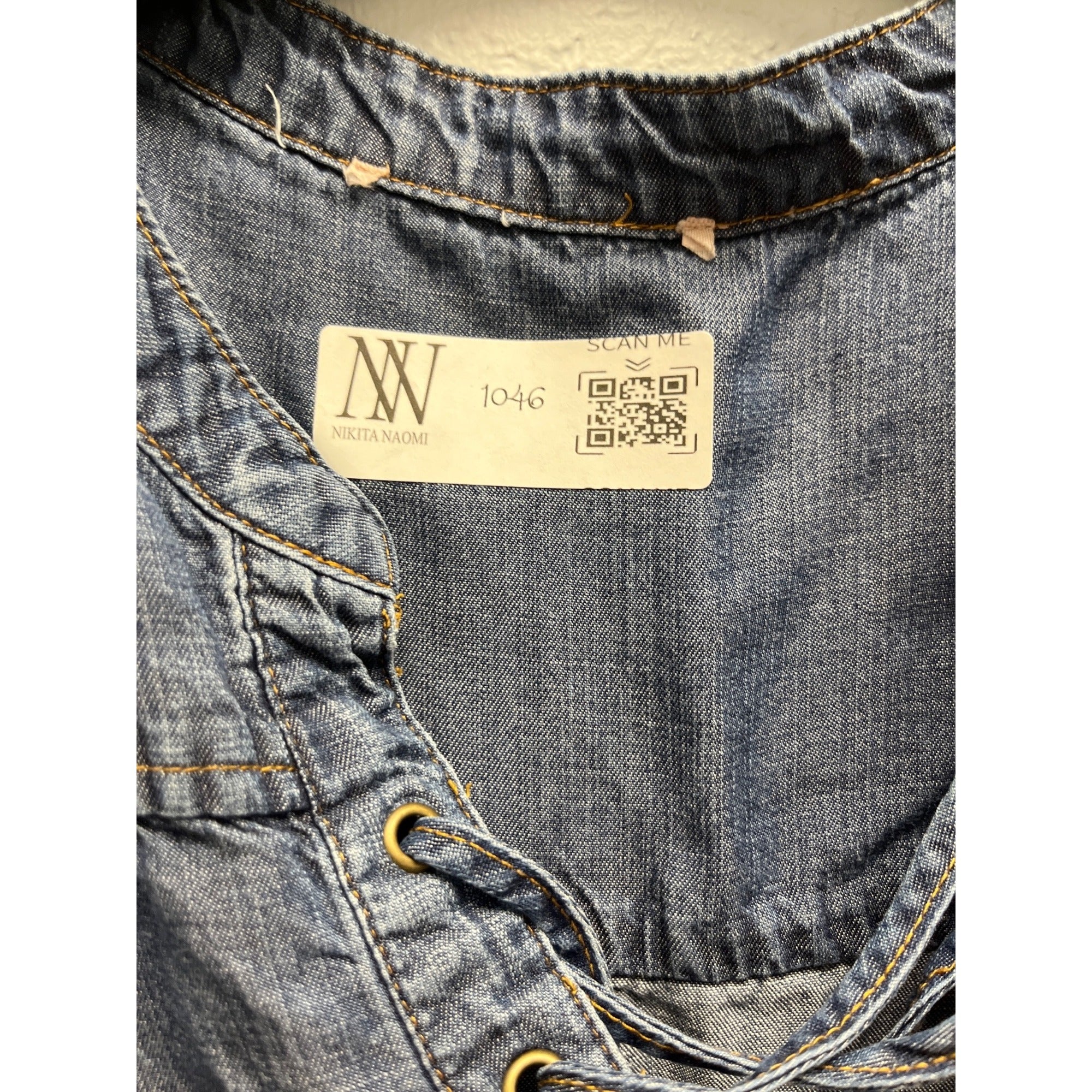 #1046 Nikita Naomi Womens Lace-Up Short Sleeve Denim Top Size L