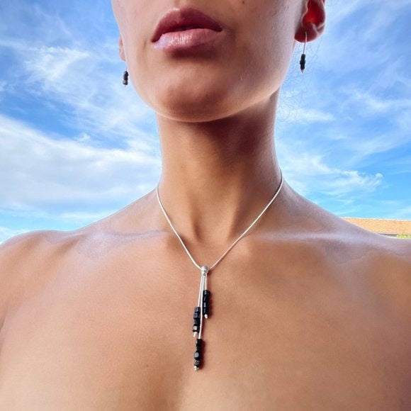 Boutique Collection Silver Necklace & Earrings Set With Black Beads