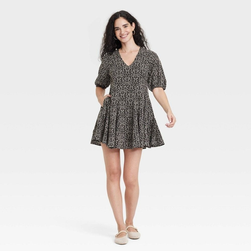 K-70 Universal Thread Women's Bell Elbow Sleeve Mini A-Line Dress Black Size Medium