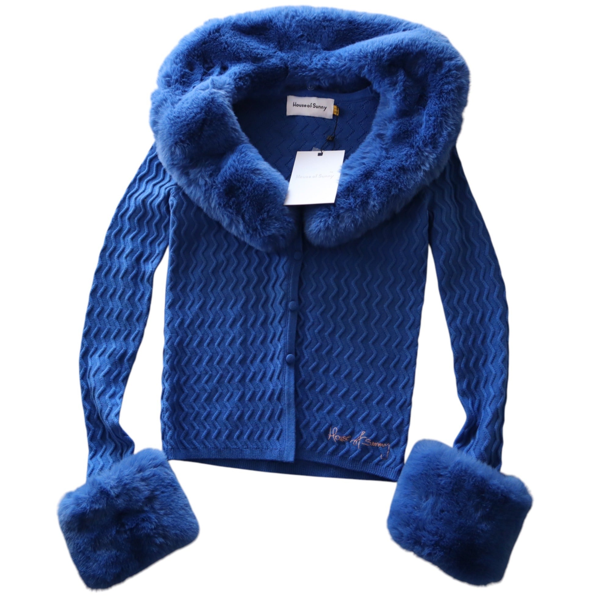 House Of Sunny Midnight Swirl Peggy Cardigan In Blue Faux Fur Collar & Cuffs XS