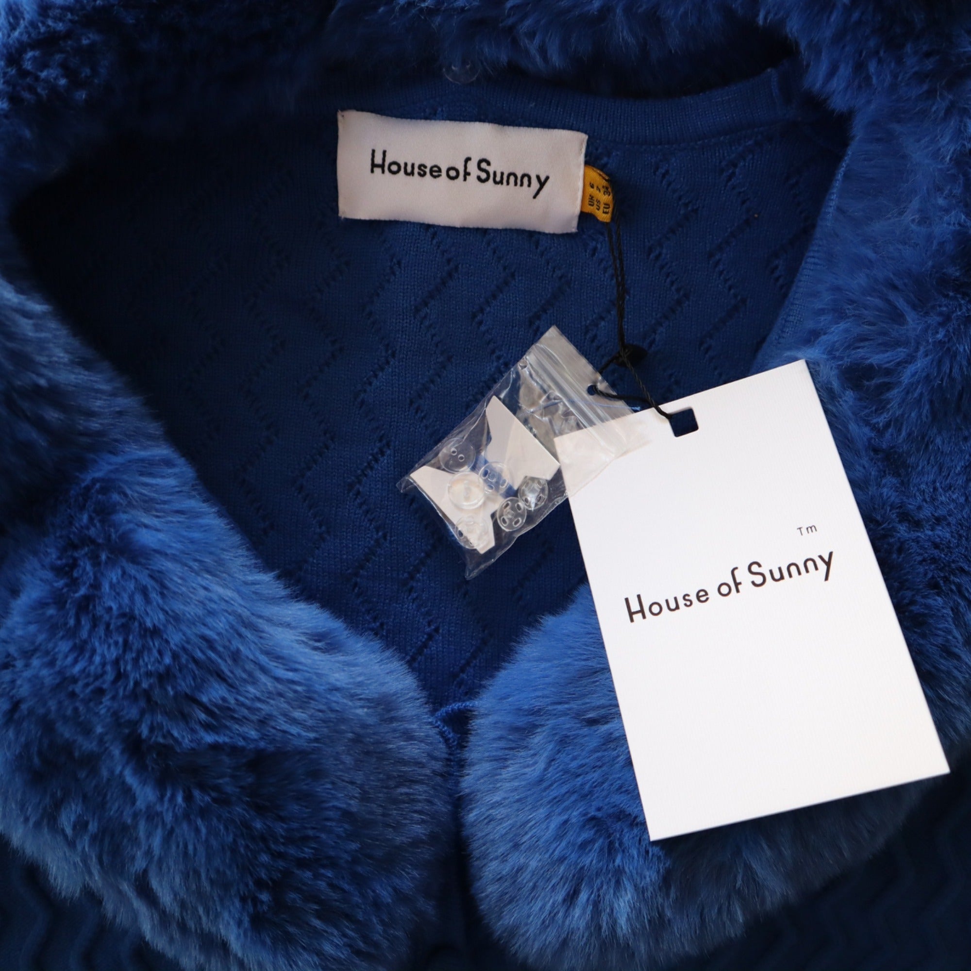House Of Sunny Midnight Swirl Peggy Cardigan In Blue Faux Fur Collar & Cuffs XS