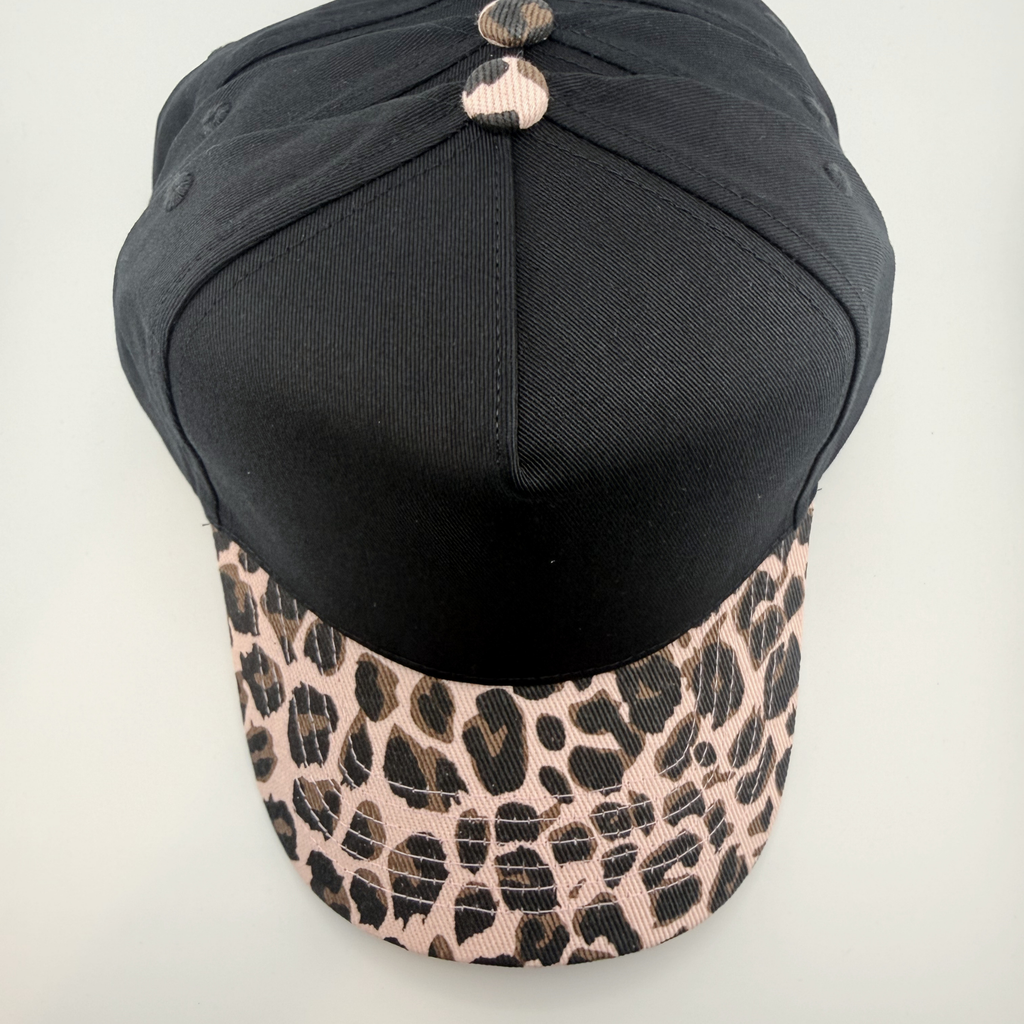 TEELUX - Cotton Structured Hat Blank -  SNAP BACK - Black W/ PINK Animal Print