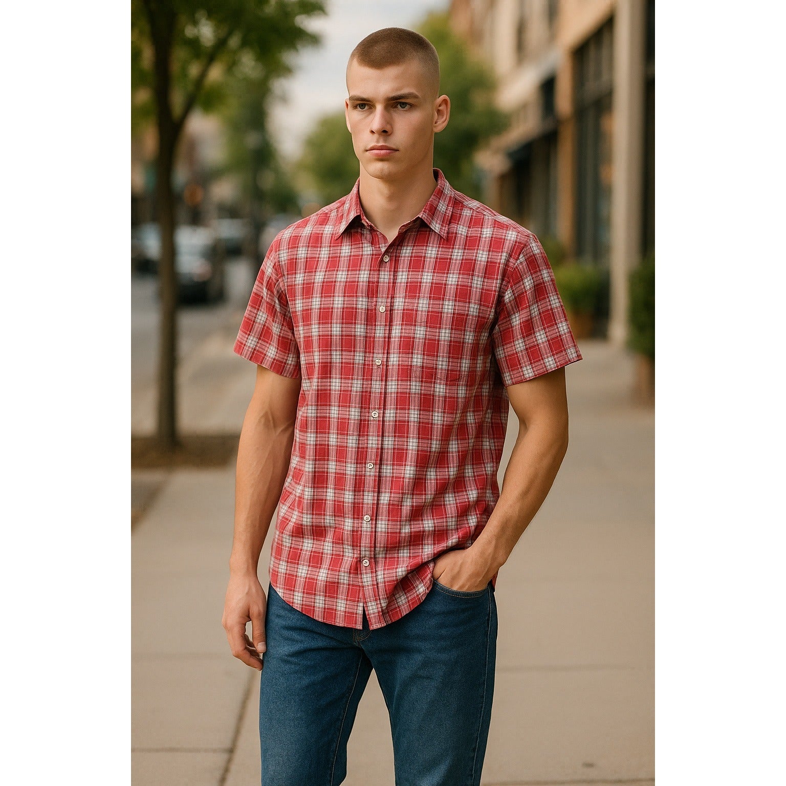 Michael Kors Classic Fit Red Plaid Short Sleeve Button-Down Shirt Mens Medium