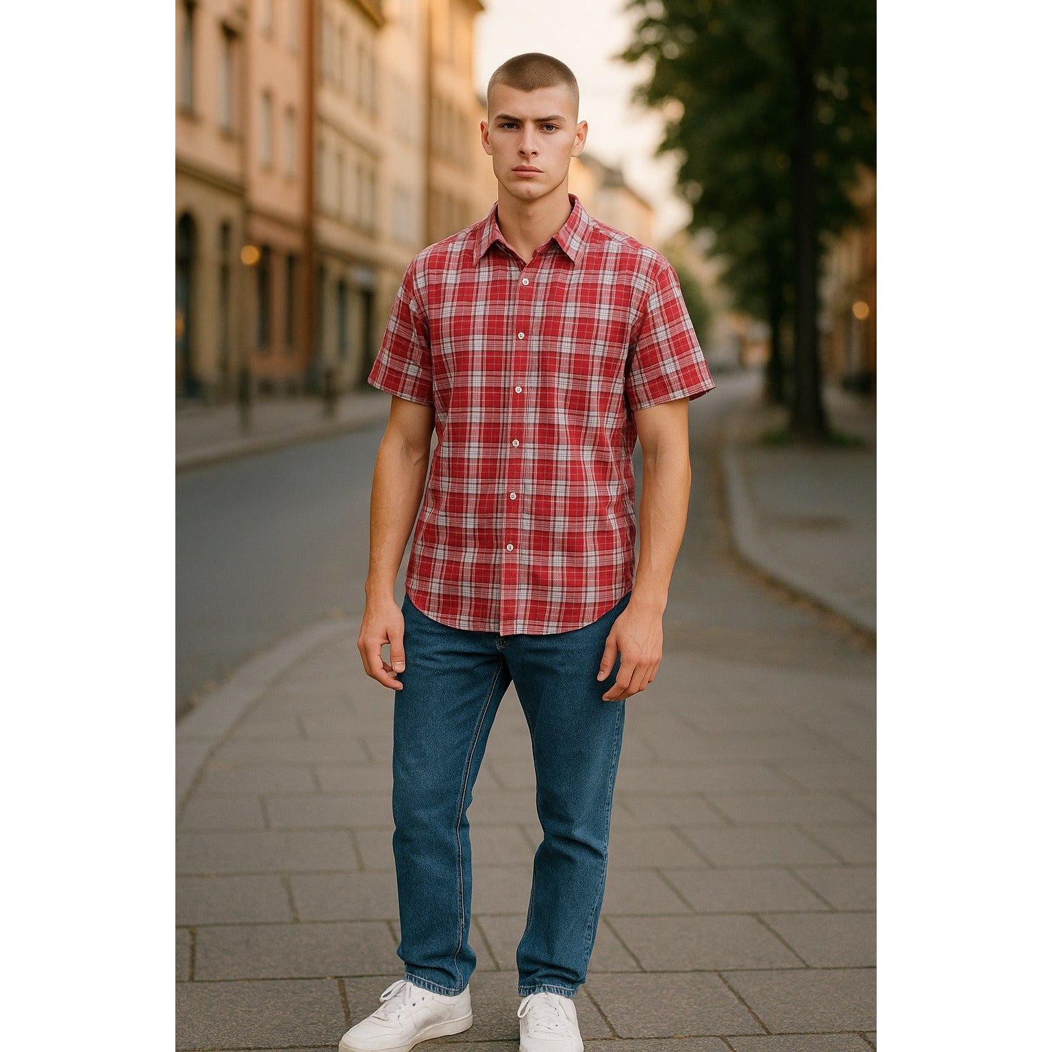 Michael Kors Classic Fit Red Plaid Short Sleeve Button-Down Shirt Mens Medium