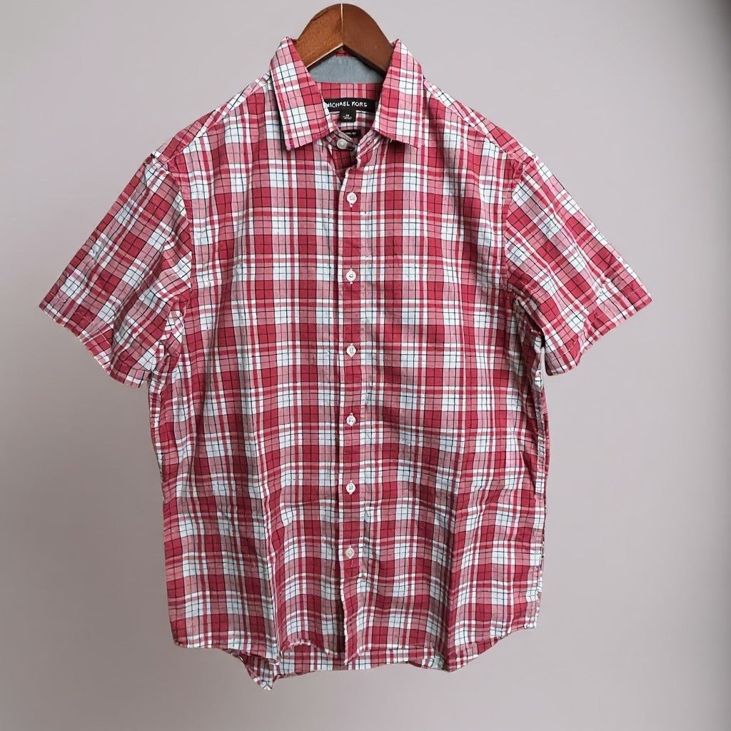 Michael Kors Classic Fit Red Plaid Short Sleeve Button-Down Shirt Mens Medium