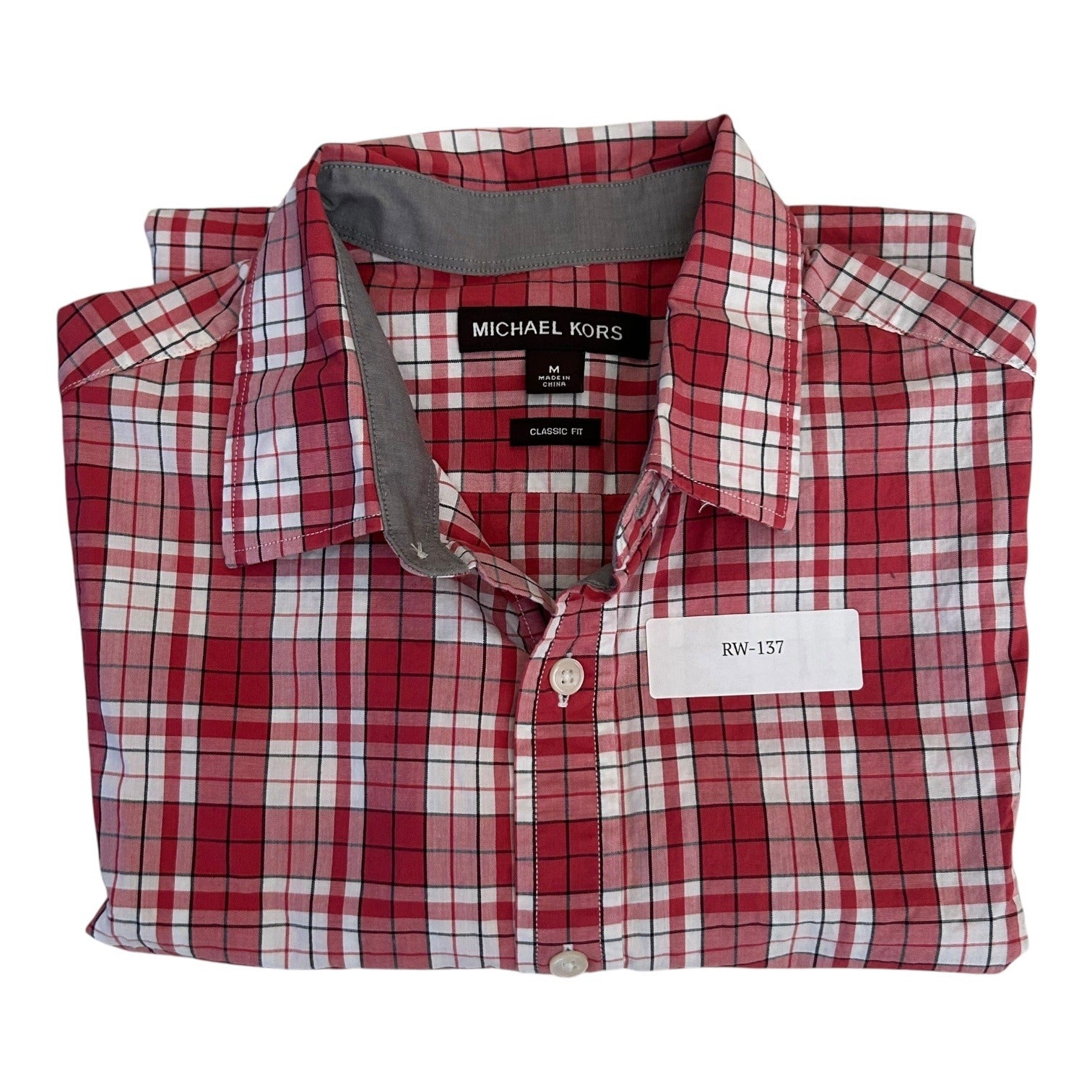 Michael Kors Classic Fit Red Plaid Short Sleeve Button-Down Shirt Mens Medium