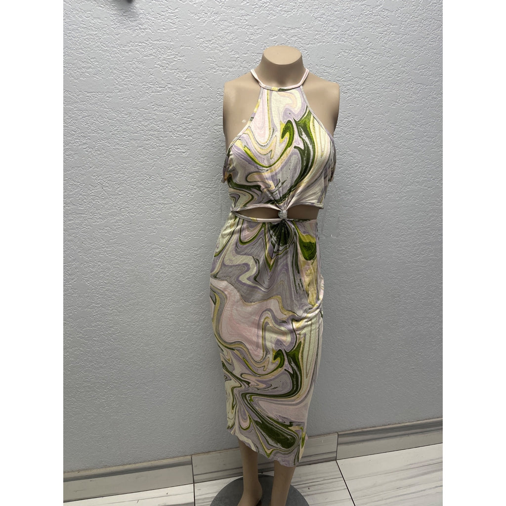 #1101 Heart & Hips Marble Print Halter Midi Dress With Side Cutout Knot Size L