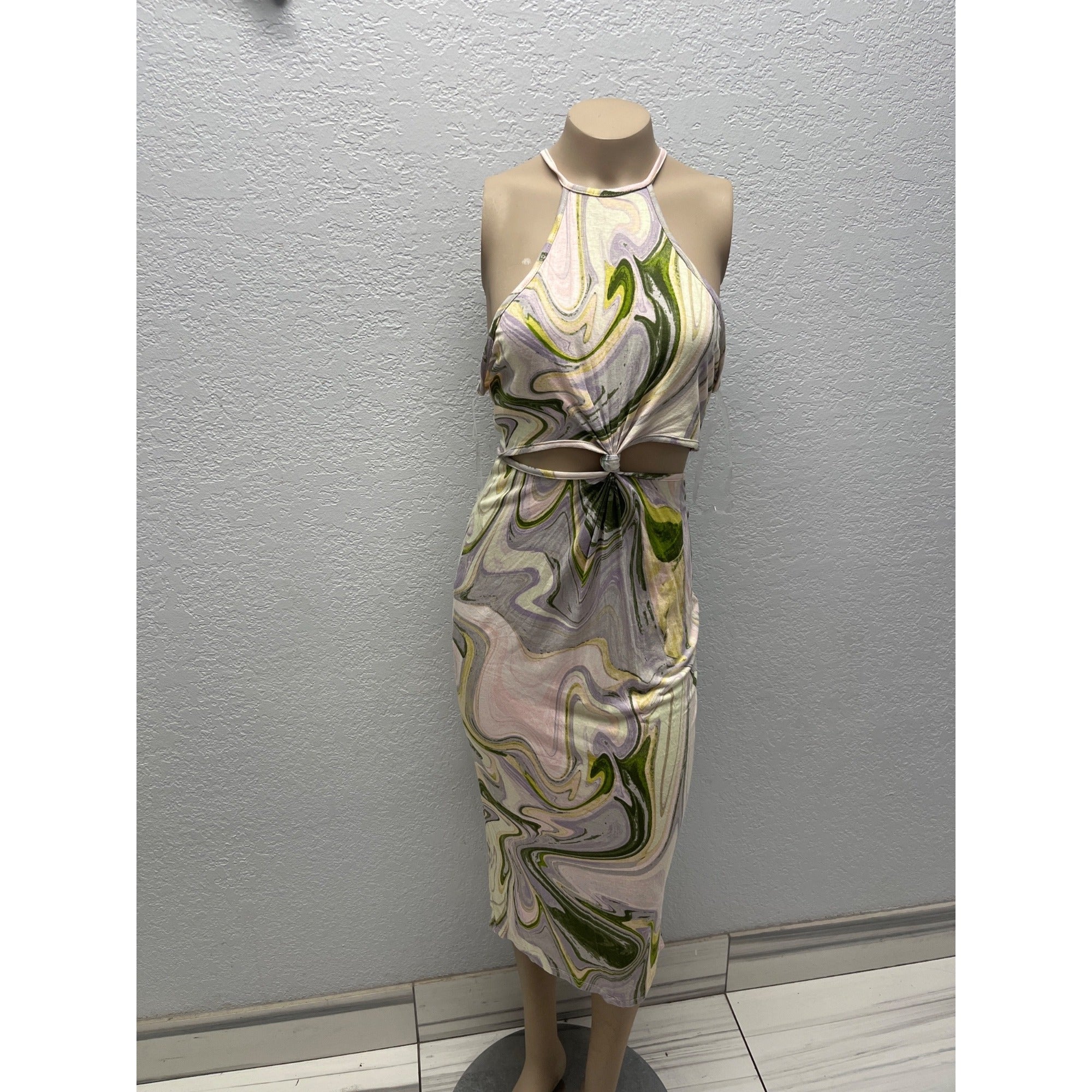 #1101 Heart & Hips Marble Print Halter Midi Dress With Side Cutout Knot Size L