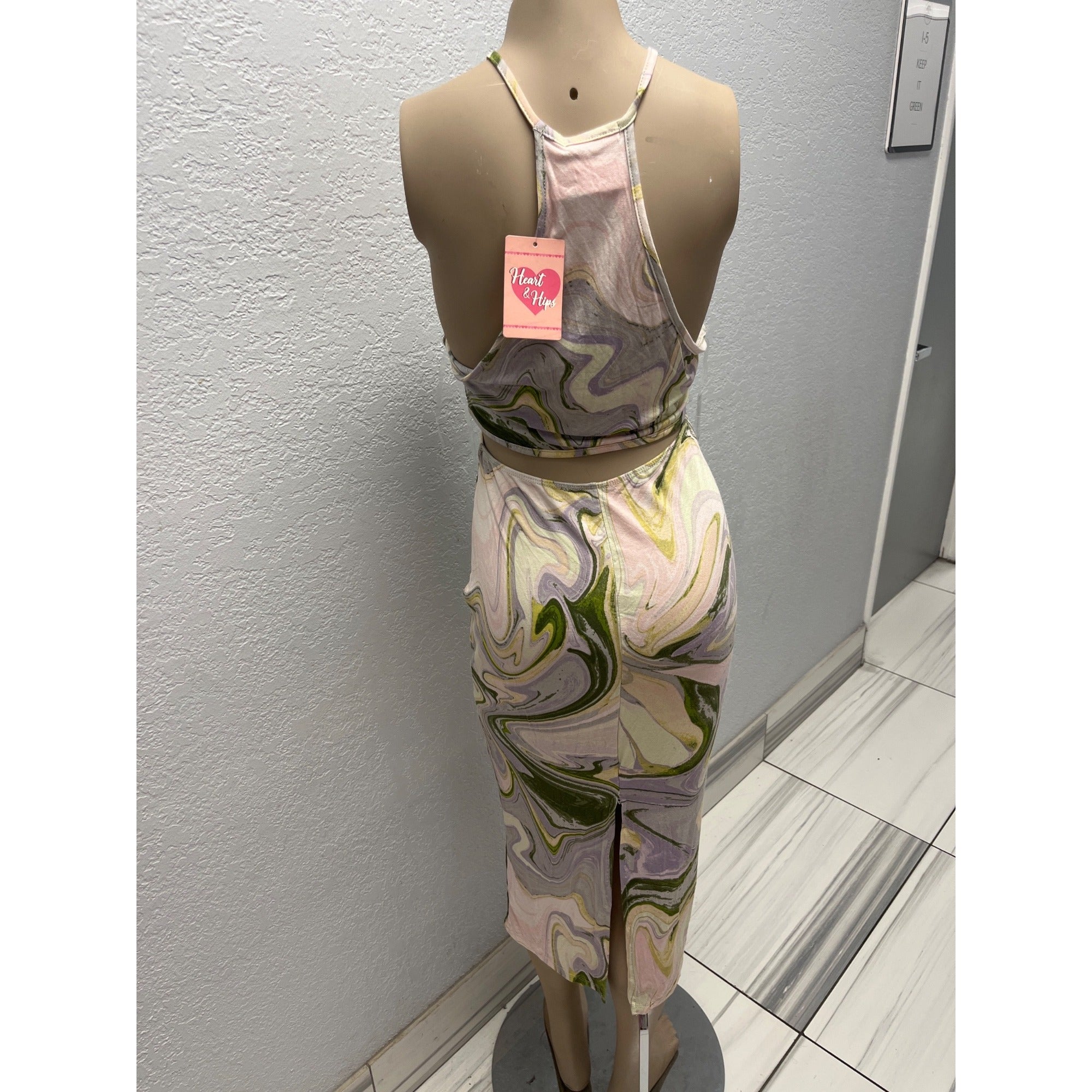 #1101 Heart & Hips Marble Print Halter Midi Dress With Side Cutout Knot Size L