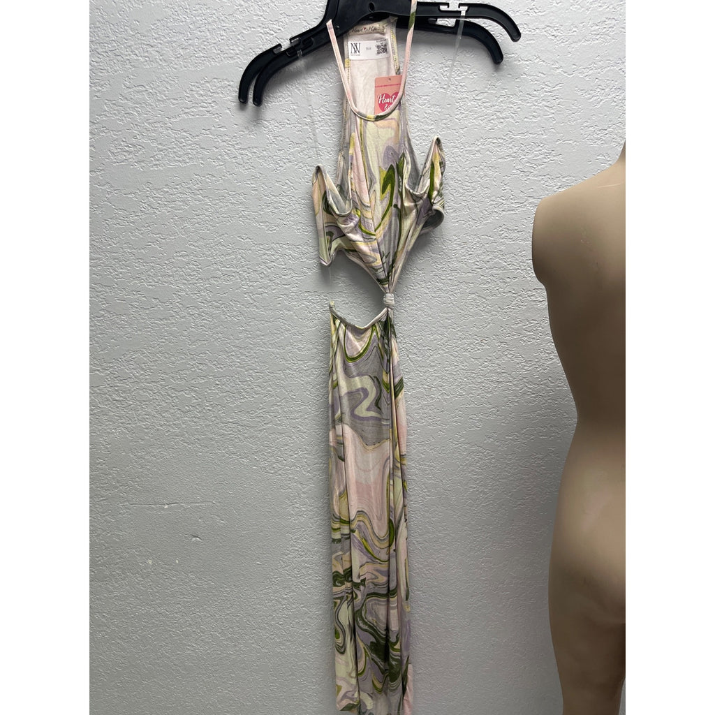 #1101 Heart & Hips Marble Print Halter Midi Dress With Side Cutout Knot Size L