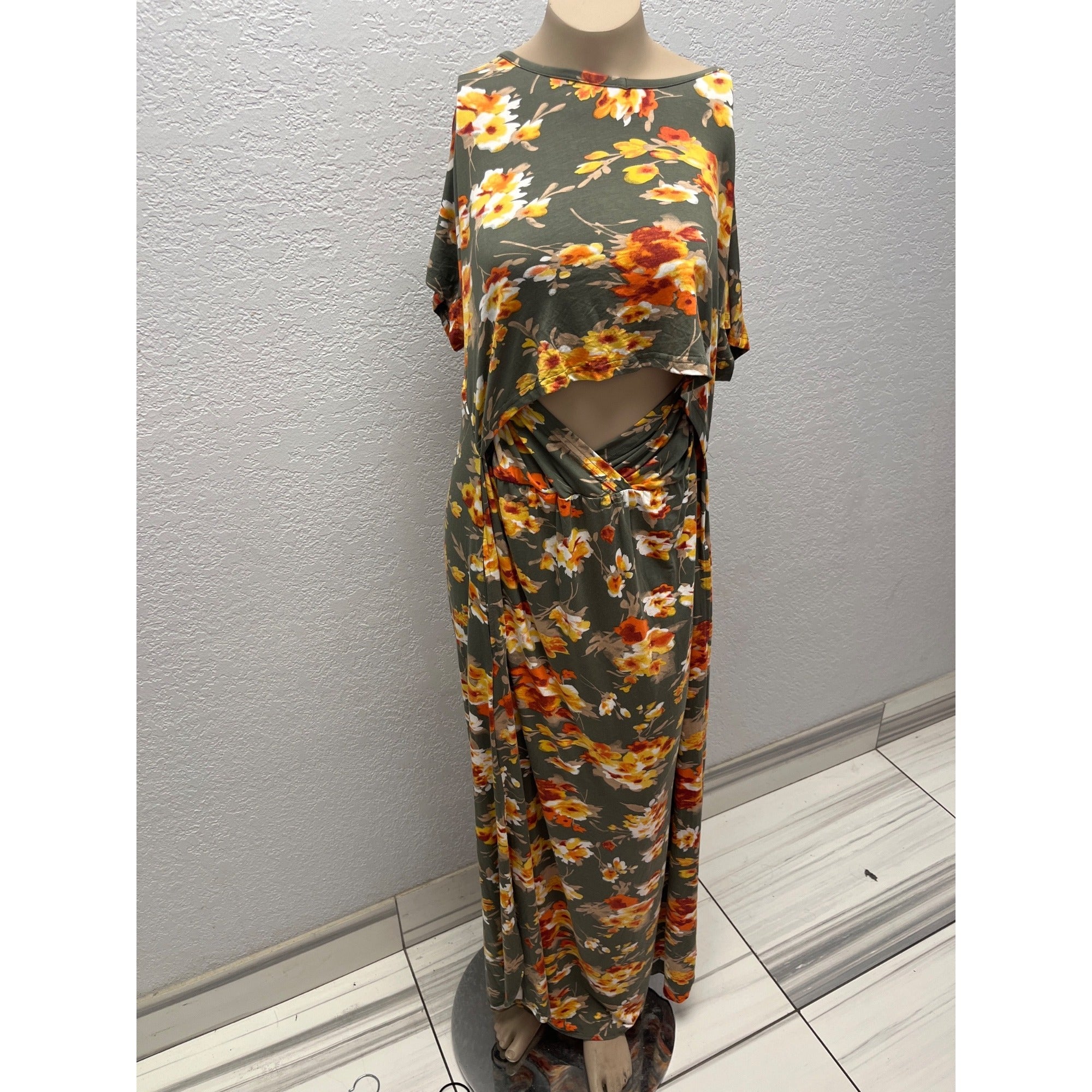 #1106 Smallshow Floral Short Sleeve Nursing Maxi Dress Green Orange Size XL